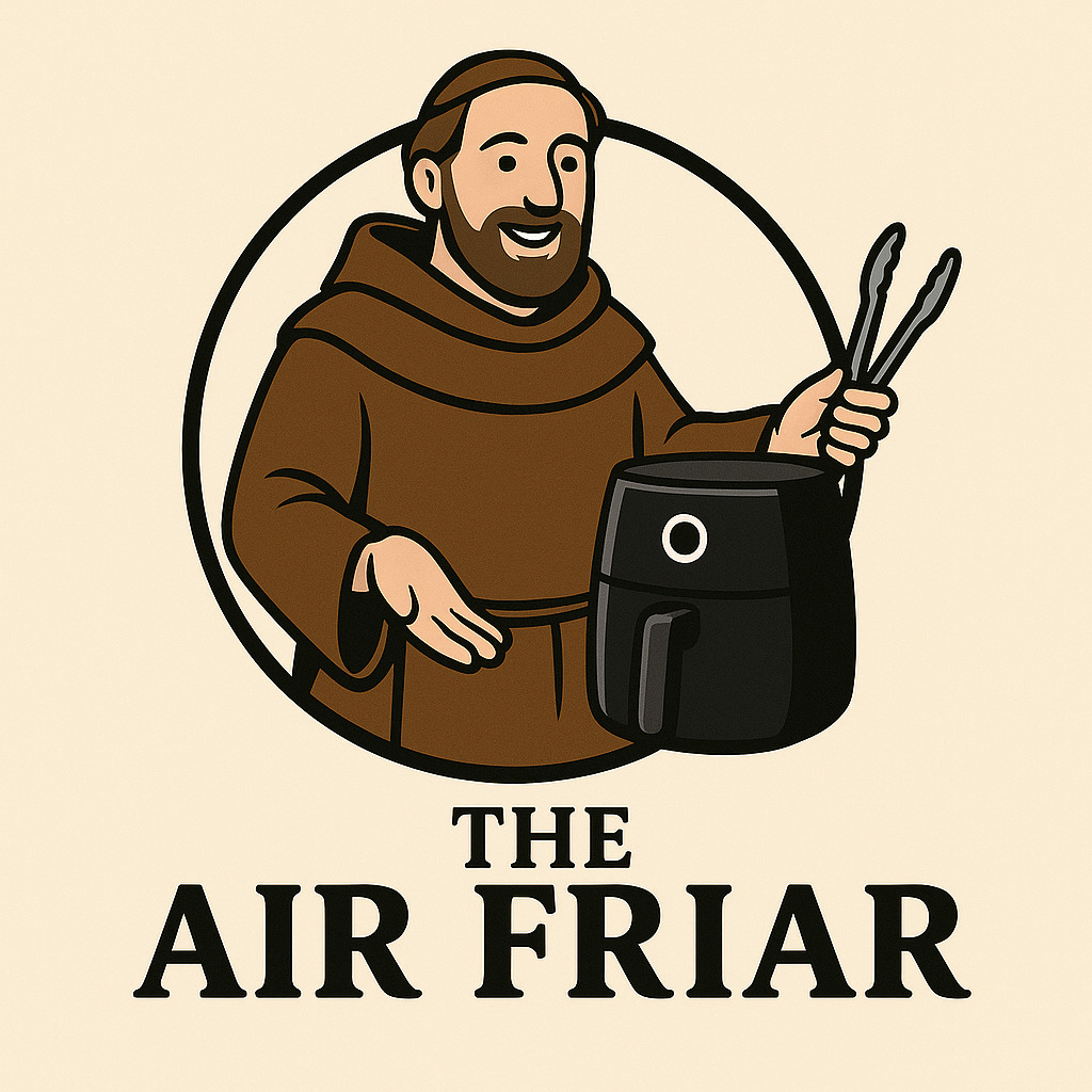 The Air Friar logo character with air fryer
