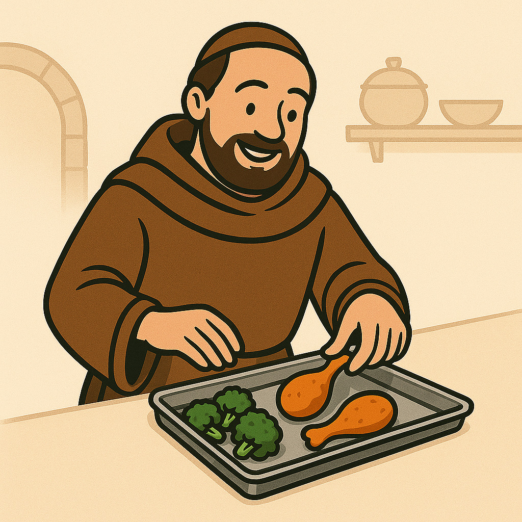 Friar arranging food on a tray for air frying